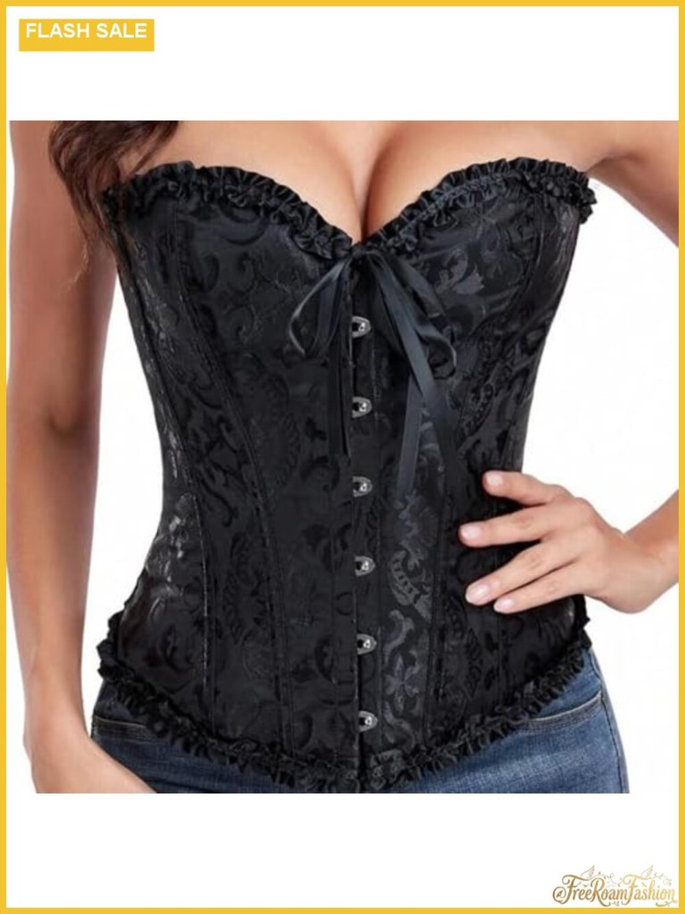 Lace Bustier Corset Top with 12 Plastic Bones & Adjustable Lace-Up Back
